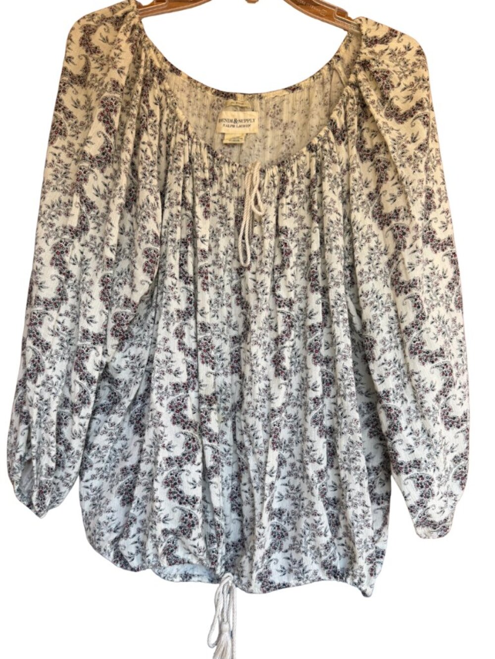 Denim & Supply Ralph Lauren XL Boho Peasant Top Cream Floral Paisley Tie Neck - Picture 3 of 12